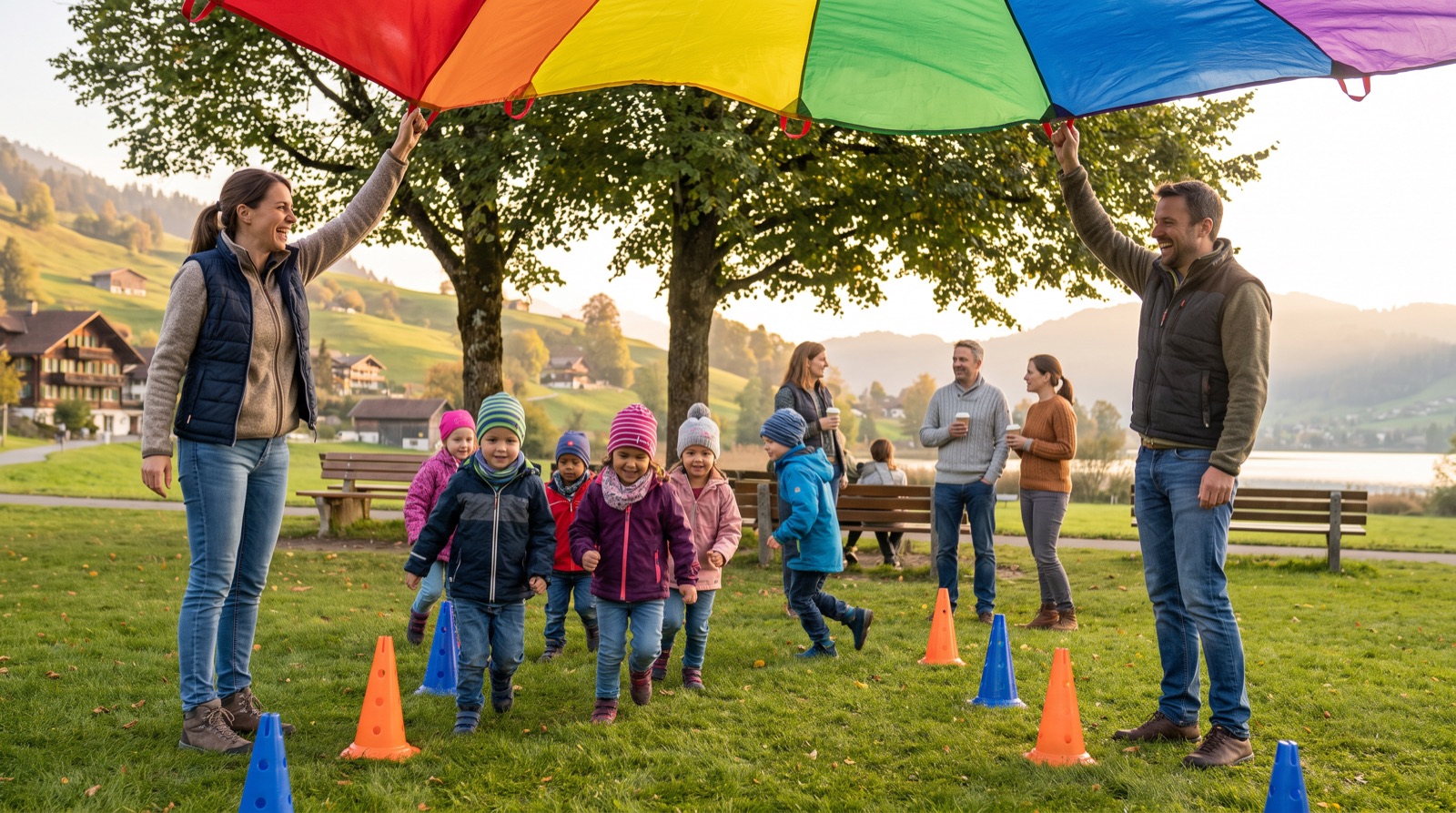 Bénévoles d'une association animant un jeu avec des enfants dans un parc