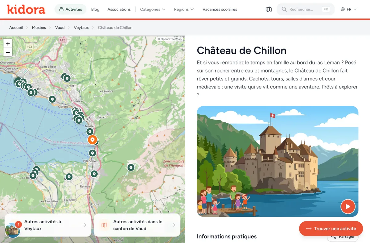 La fiche du Château de Chillon sur kidora.ch, avec la carte des activités autour