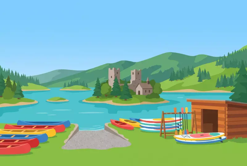 Illustration de la base de canoës du Bry au bord du lac de la Gruyère, face à l'île d'Ogoz