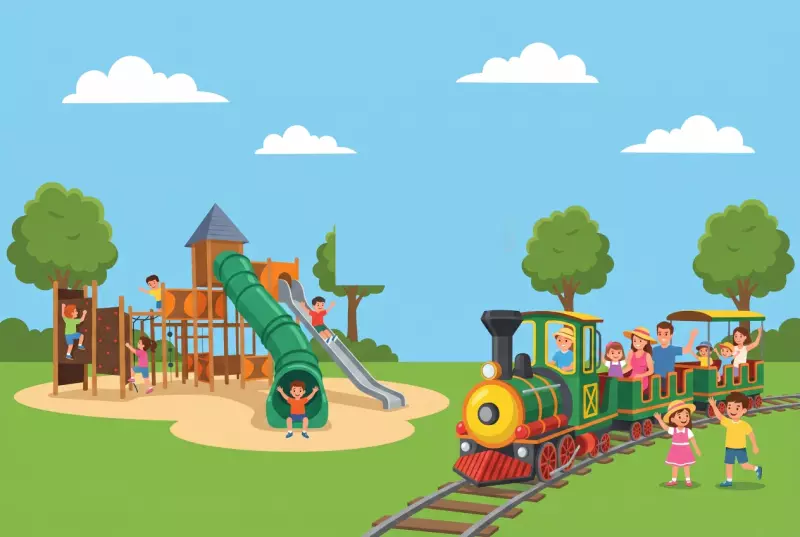 Illustration of the playground at Parc des Evaux in Onex, playground and small train