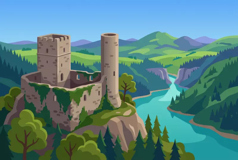 Illustration des ruines du château de Montsalvens, avec son donjon carré et sa tour ronde au-dessus des gorges de la Jogne