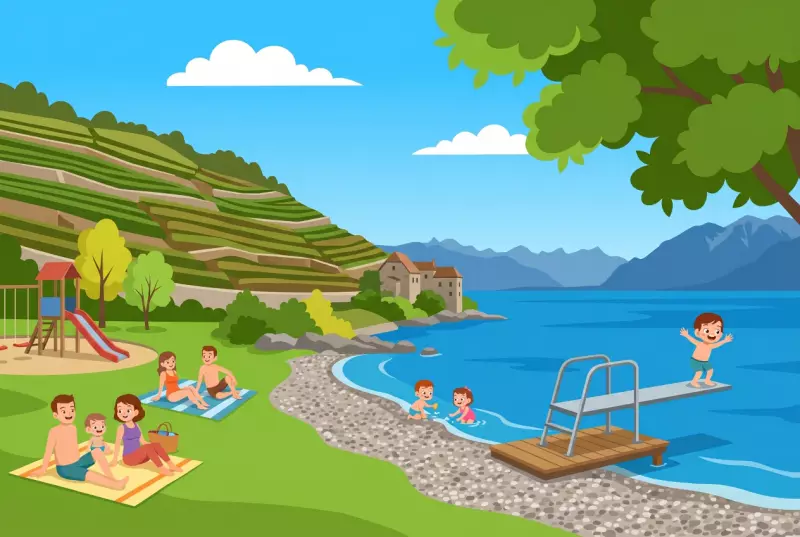 Plage de Rivaz au pied des vignes de Lavaux : plage de galets, pelouse, plongeoir, château de Glérolles et vue sur le lac Léman et les Alpes