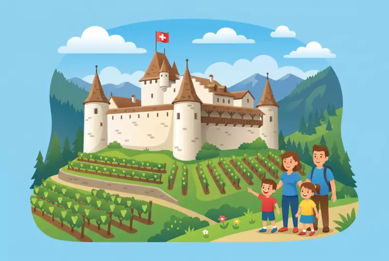 Illustration of the Château d'Aigle, a medieval fortress with round towers and ramparts surrounded by the vineyards of Chablais, with a family visiting.