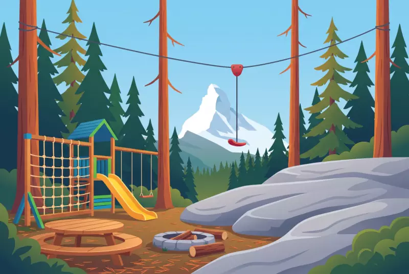 Illustration de la place de jeux et de grillades du jardin des glaciers près de Furi, dans la forêt de mélèzes au-dessus de Zermatt