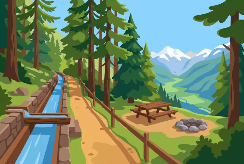 Illustration de la boucle des bisses de Nendaz, canal d'irrigation en bois longeant le sentier forestier