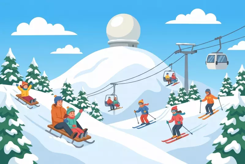 Illustration of the La Dole area in Saint-Cergue in winter: snow-covered summit with the white radar dome, cable car and chairlift, families sledding and skiers on the Jura slopes.