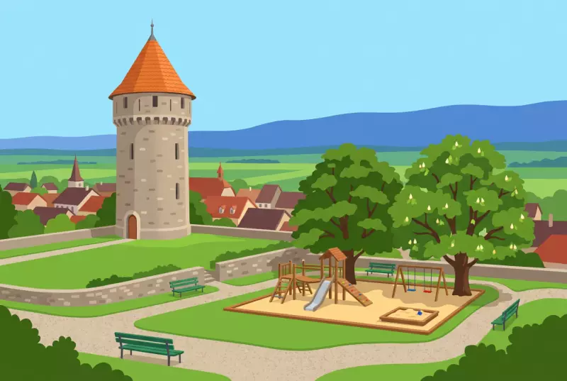 Illustration de la Tour ronde d'Orbe et de la place de jeux ombragée sur l'esplanade du château