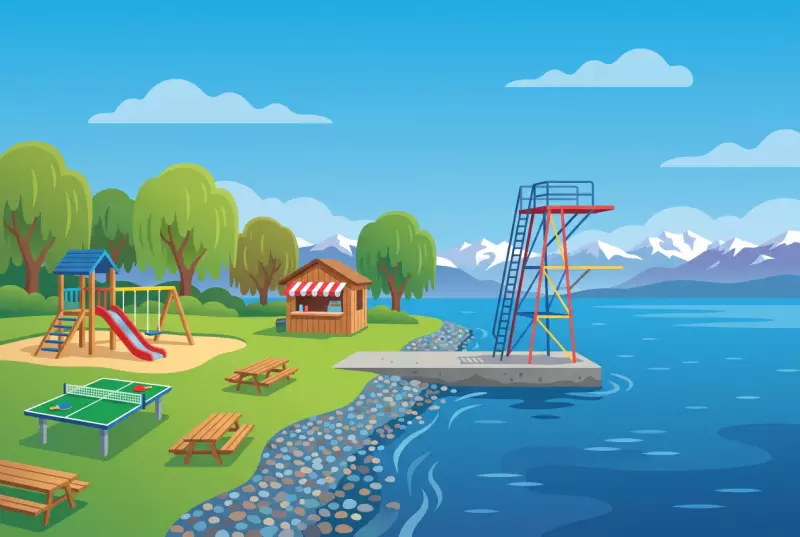 Illustration de la plage du Chauchy a Saint-Prex avec sa place de jeux, son plongeoir et le Leman
