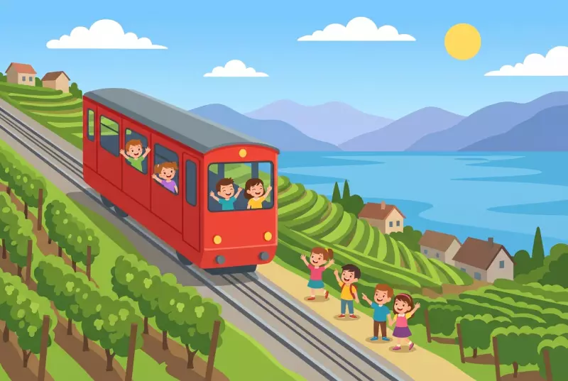 Illustration of the red funicular Vevey - Mont-Pèlerin climbing through the terraced vineyards of Lavaux, with Lake Geneva and the Alps in the background and children waving.
