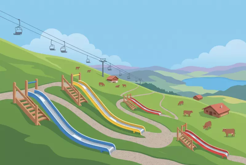 Illustration du Sentier des toboggans à Charmey, avec ses glissades colorées entre alpages et panorama préalpin