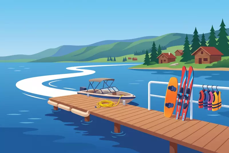 Illustration du club de ski nautique du Rocheray sur le lac de Joux, son ponton, son bateau et son wakeboard