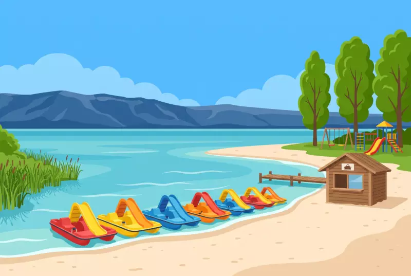 Illustration des pédalos alignés sur la plage de sable de La Tène à Marin-Epagnier