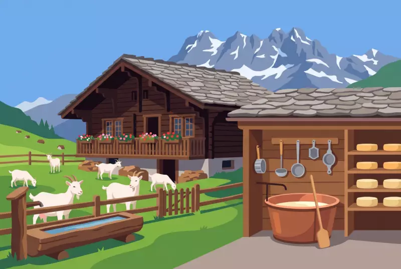 Illustration de la ferme et fromagerie de Champoussin avec ses chevres, sa cuve en cuivre et les Dents du Midi