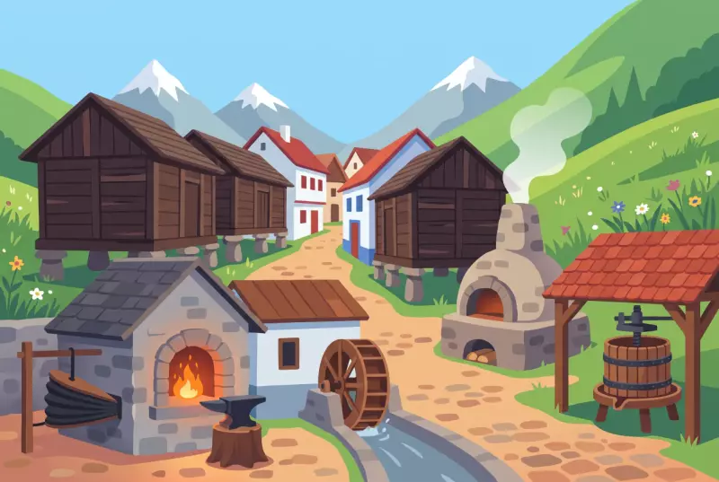 Illustration du musée multi-sites d'Hérémence, sa forge, son moulin à roue à eau et son four banal au cœur du village