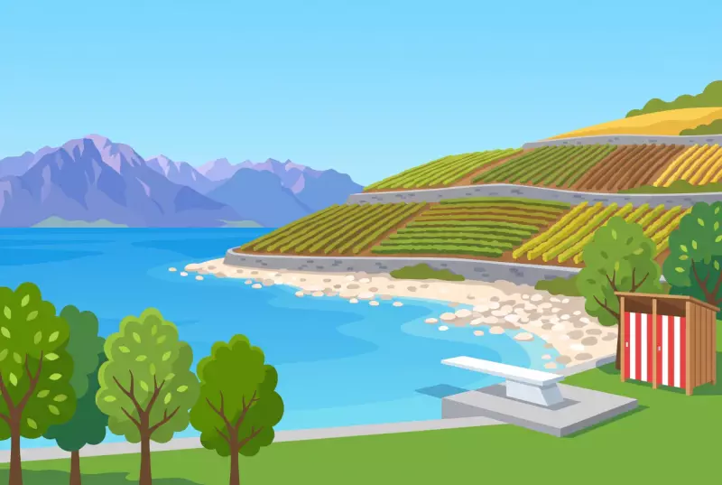 Illustration de la plage de galets et du plongeoir de Villette au pied des vignes de Lavaux