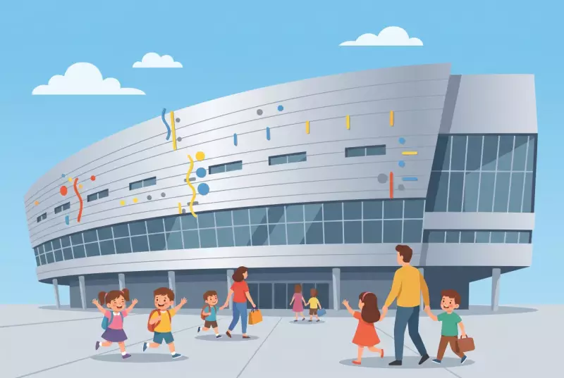 Illustration plate de la Geneva Arena au Grand-Saconnex, sa grande façade incurvée argentée et des familles se rendant à un spectacle