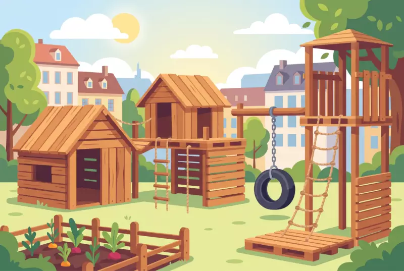 Illustration du terrain d'aventure de Malley et de ses cabanes en bois