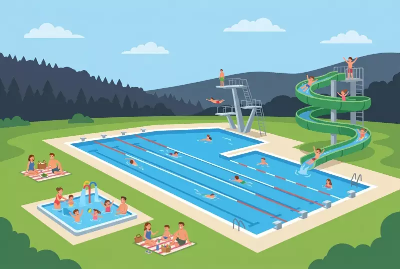 Illustration of the Communal Pool in Locle, slide and outdoor pools