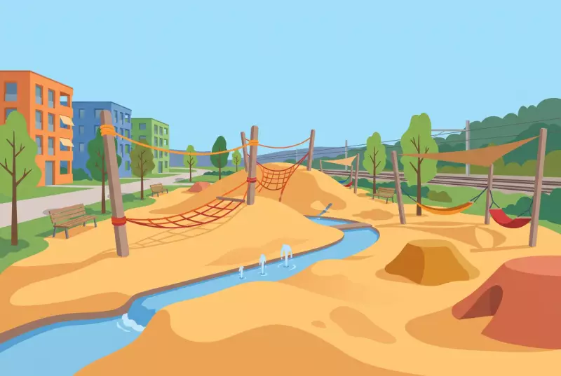 Illustration de la place de jeux de la Dune à Malley, sa butte de sable, son jeu d'eau et ses cordes suspendues