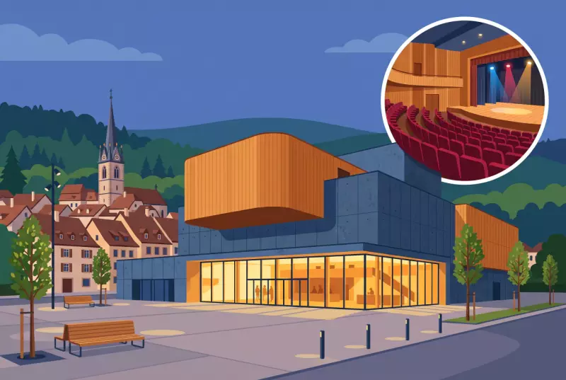 Illustration du Theatre du Jura a Delemont, sa facade contemporaine eclairee et sa salle de spectacle