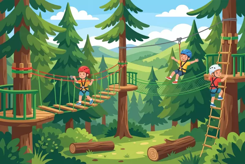 Illustration de Charmey Aventures : des enfants harnachés et casqués franchissent ponts de singe, échelles de corde et tyrolienne entre les sapins du parc accrobranche, avec les Préalpes fribourgeoises en fond.