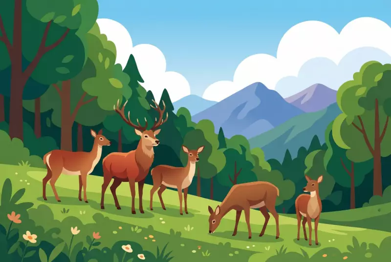 Illustration du parc à biches de Leysin : un troupeau de biches et un cerf en liberté sur une prairie en lisière de forêt alpine, montagnes des Alpes vaudoises en fond
