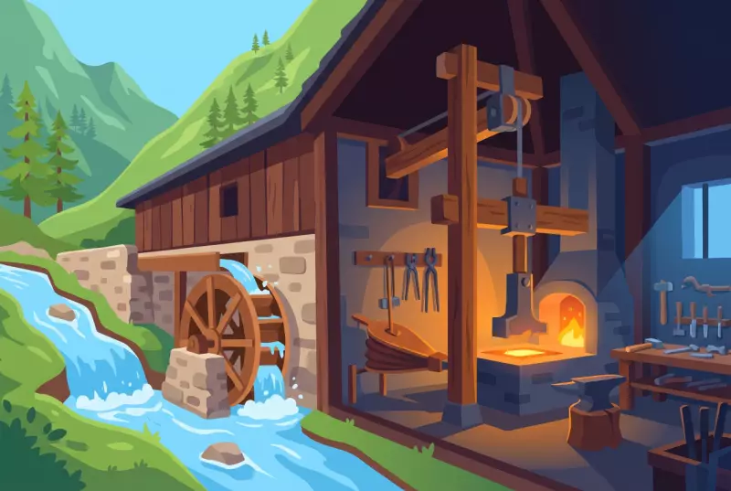Illustration de la forge a eau du Chable, sa roue hydraulique et son gros marteau au-dessus de l'enclume
