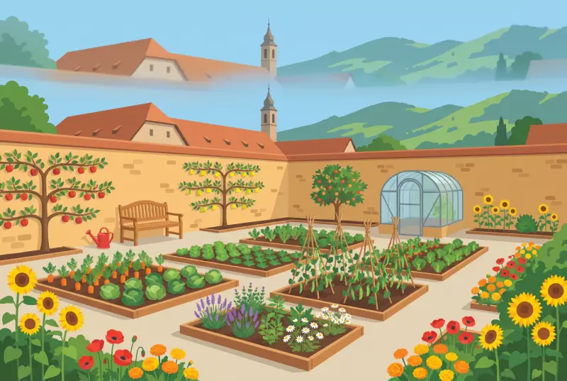 Illustration du jardin des Capucins à Bulle, avec ses carrés de potager, ses plantes médicinales et son mur de couvent