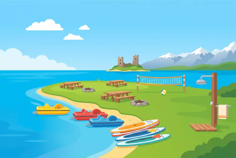 Illustration de la plage de la Pointe à Morlon : pelouse, foyers, beach-volley et pédalos au bord du lac de la Gruyère