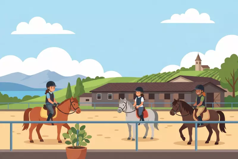 Illustration of the Begnins riding school and pony club: sand arena with barriers, stables, children on horseback and ponies, vineyards and the bell tower of Begnins, lake and Jura mountains in the background.