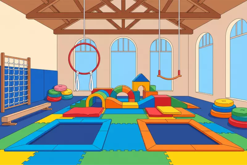 Illustration de la salle intérieure de cirque, trampolines et motricité de Kids Up à Ecublens