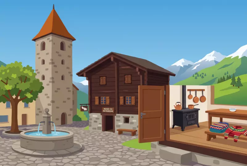 Illustration du musée des patoisants et costumes sur la place de la Tour à Vissoie, en val d'Anniviers