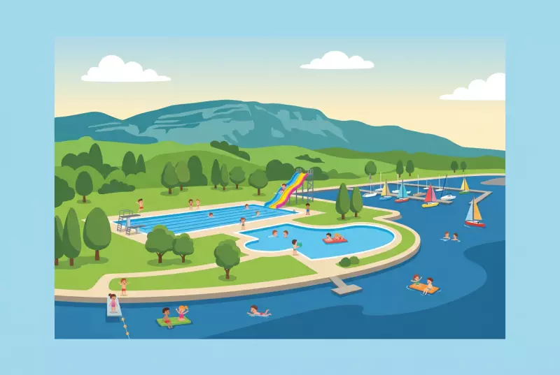 Illustration of Genève-Plage in Cologny: outdoor swimming pools, slide and diving board on the lawn by Lake Geneva, with marina, rafts, and children swimming, Salève mountain in the background.