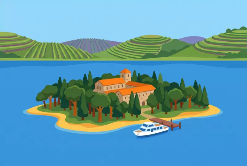 Illustration de l'île Saint-Pierre sur le lac de Bienne : plages, ancien cloître et bateau accostant au débarcadère