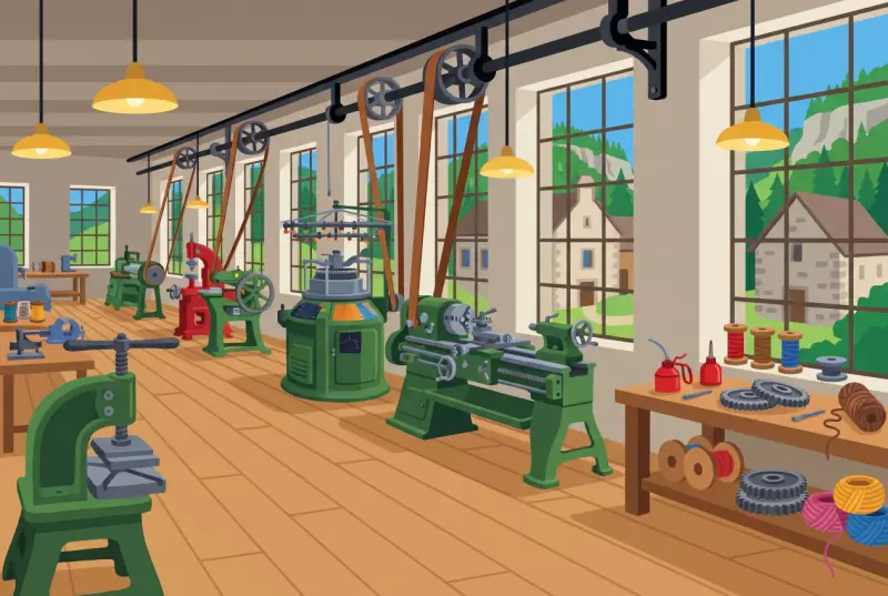 Illustration de l'atelier de la Maison de l'Industrie à Noiraigue, avec ses machines anciennes reliées à des courroies de cuir