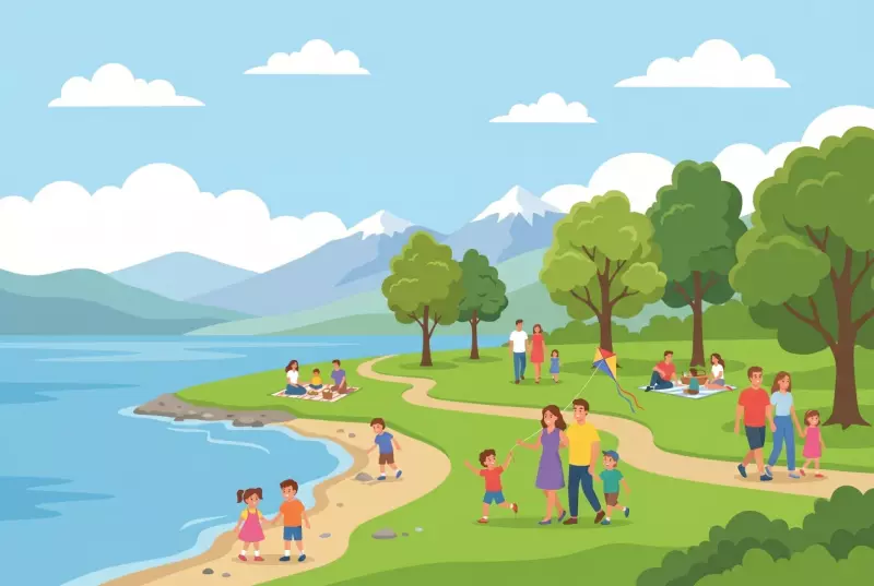 Illustration de la plage des Falaises à Neuchâtel, pelouses au bord du lac avec vue sur les Alpes