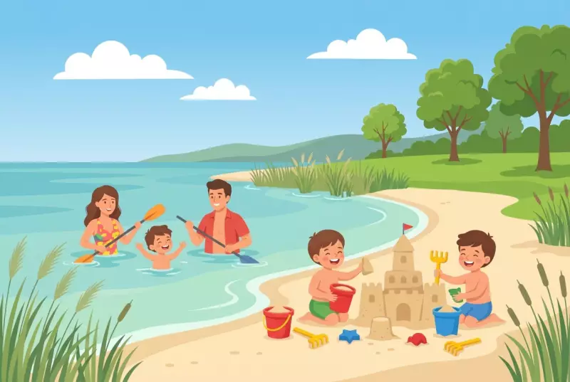 Illustration of the beach of Cheyres by Lake Neuchâtel, gently sloping sandy beach