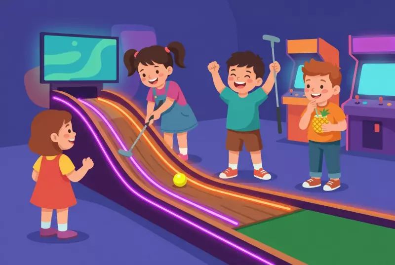 Illustration plate d'enfants jouant au mini-golf interactif Swing à Genève, sur une piste de putting en bois illuminée de néons violets et orange, avec bornes d'arcade et écran lumineux