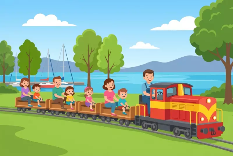 Illustration du Mini-Train de Pully : une petite locomotive miniature rouge et jaune tire des wagons sur lesquels des enfants et des parents sont assis à califourchon, sur la pelouse du port, avec les voiliers de la marina et le lac Léman en arrière-plan