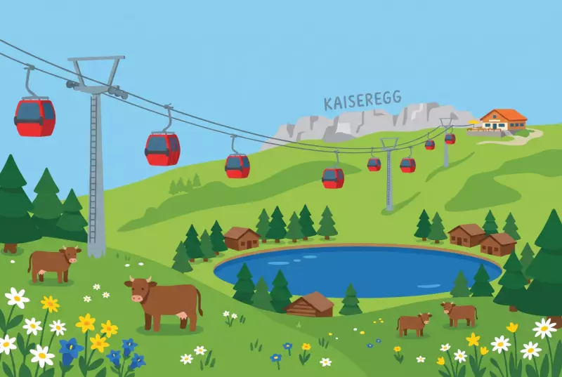 Illustration du télésiège montant de la Gypsera à la Riggisalp au-dessus du Lac Noir, entre alpages et sommets préalpins