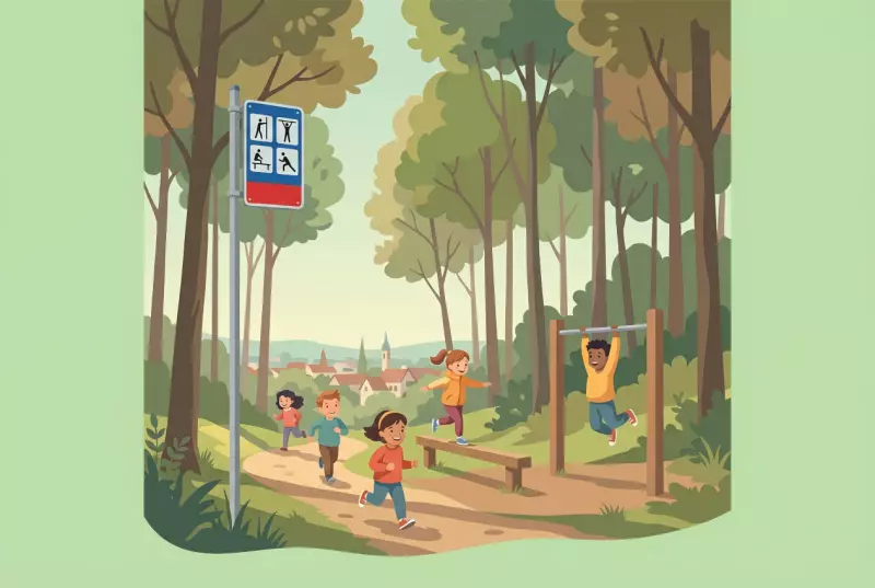 Parcours Vita of Carouge: blue and red panel of exercise station and children running, balancing, and hanging from a bar in the Pinchat forest.