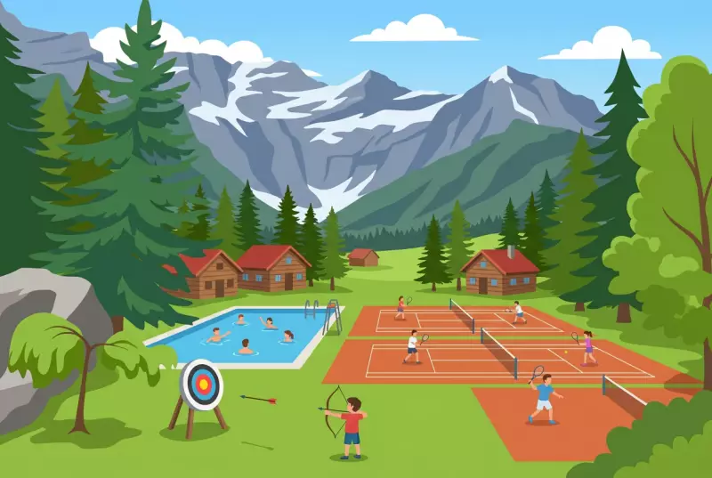 Illustration du Parc des Sports des Diablerets : piscine extérieure, courts de tennis en terre battue, tir à l'arc et chalets sur prairie au pied des sommets enneigés des Diablerets