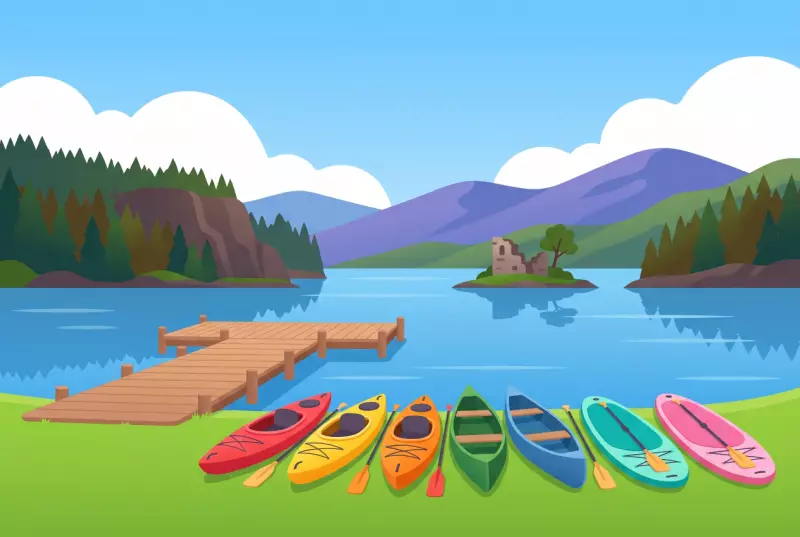 Illustration de la base de kayak de La Roche : kayaks, canoës et paddles au bord du lac de la Gruyère