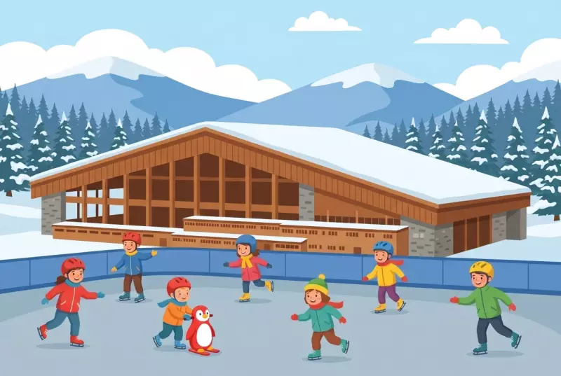 Illustration de la patinoire de Leysin : enfants casqués qui patinent sur la glace devant le grand bâtiment en bois du centre sportif, forêt enneigée et Alpes vaudoises en fond