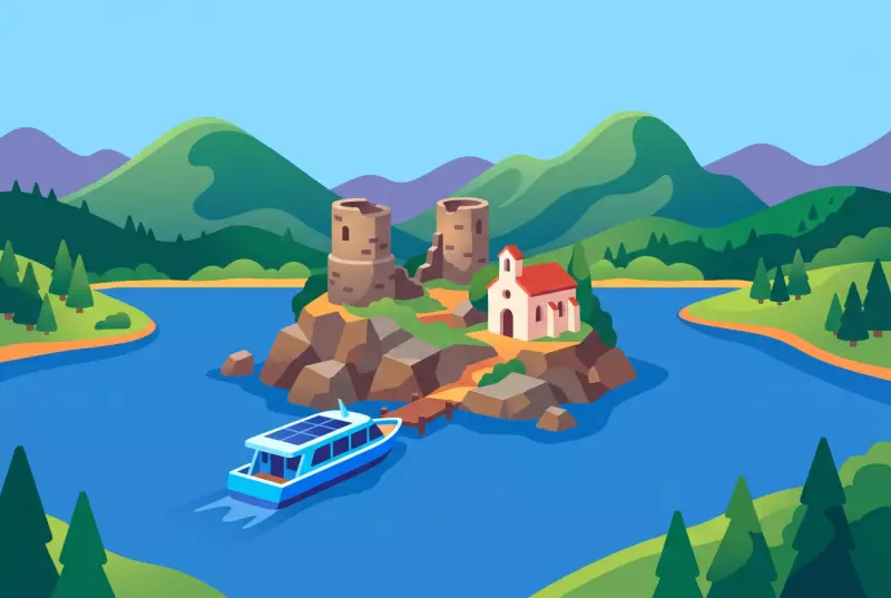 Illustration de l'île d'Ogoz : les deux tours médiévales et la chapelle sur leur île du lac de la Gruyère, avec le bateau solaire