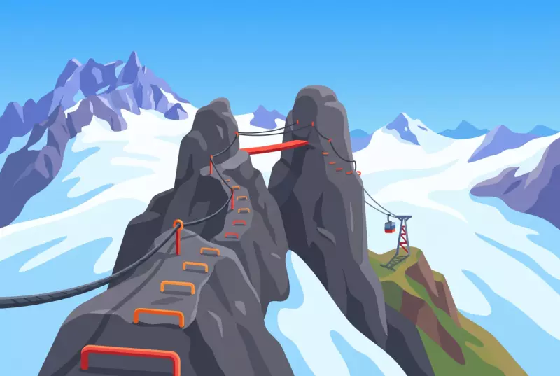 Illustration de la via ferrata du Col des Gentianes au-dessus de Verbier, ses barreaux métalliques et sa passerelle face aux glaciers