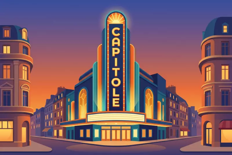 Illustration de la façade Art déco du cinéma Le Capitole à Lausanne, grande enseigne lumineuse verticale au crépuscule