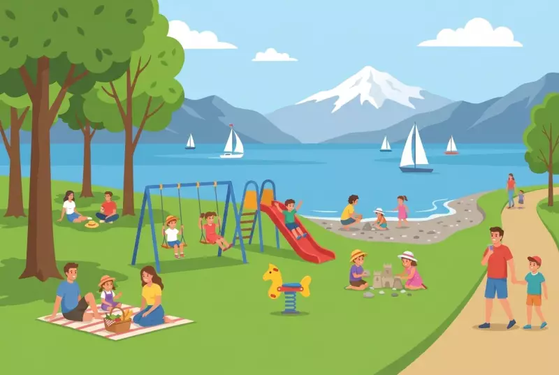 Illustration de la plage La Cure d'Air à Morges au bord du Léman, gazon et voiliers