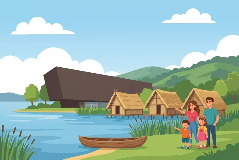 Illustration du Laténium à Hauterive : le bâtiment moderne du musée d'archéologie au bord du lac de Neuchâtel, avec des huttes lacustres préhistoriques reconstituées sur la rive, une pirogue en bois et une famille en visite.