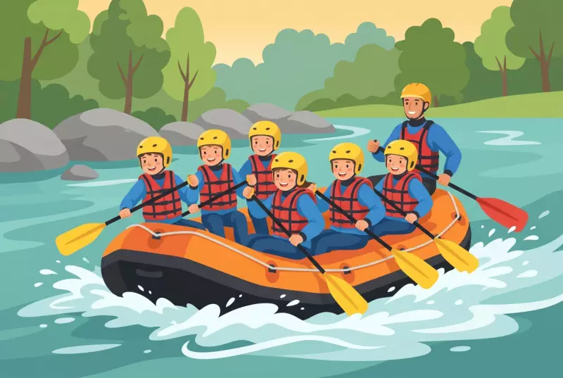 Illustration of children in yellow helmets and life jackets paddling in an orange raft on the rapids of the Arve in Veyrier, near Geneva.